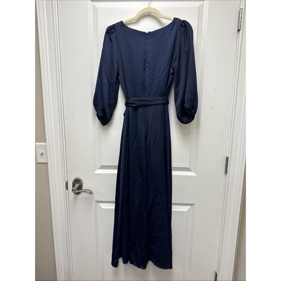 New DKNY Size 4 Navy Blue Balloon-3/4 Sleeve Faux-Wrap Gown Midi Dress Belted - Picture 6 of 11